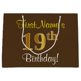 Bolsa De Regalo Grande Elegante, marrón, falso oro 19 cumpleaños + nombre