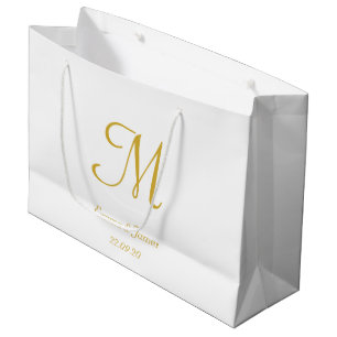 Bolsa De Regalo Grande Elegante Monograma Blanco y Oro Personalizado
