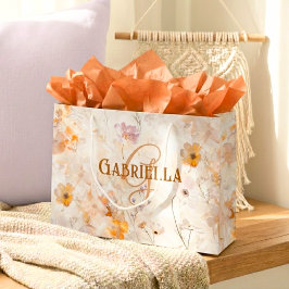 Bolsa De Regalo Grande Elegante Monograma Floral Acuarela Personalizado