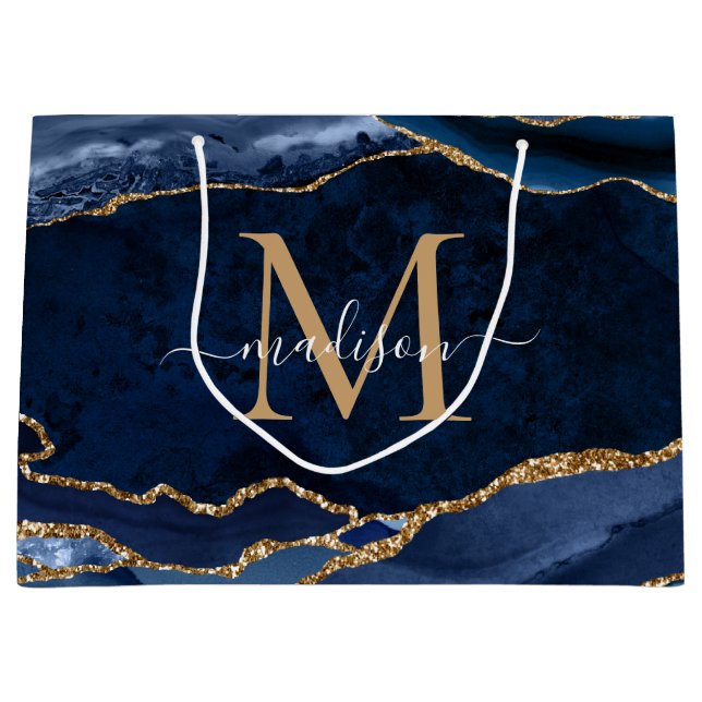 Bolsa De Regalo Grande Elegante Monograma Geode Girly de la Marina Azul O (Anverso)