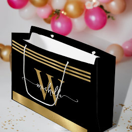 Bolsa De Regalo Grande Elegante Monograma Guión Inicial Dorado Negro
