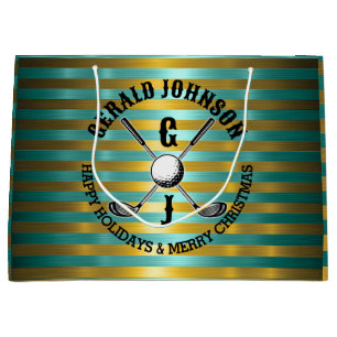 Bolsa De Regalo Grande Elegante Monograma Metálico de Golf de Oro Verde