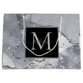 Bolsa De Regalo Grande Elegante Monograma Nacimiento Negro y Plateado