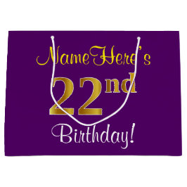 Bolsa De Regalo Grande Elegante, morado, falso oro 22 cumpleaños + nombre