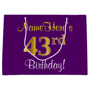 Bolsa De Regalo Grande Elegante, morado, falso oro 43 cumpleaños + nombre