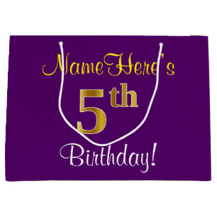 Bolsa De Regalo Grande Elegante, morado, falso oro 5 cumpleaños + nombre