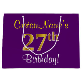 Bolsa De Regalo Grande Elegante, morado, oro falso 27 cumpleaños + nombre