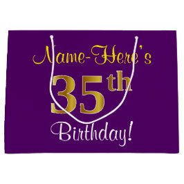 Bolsa De Regalo Grande Elegante, morado, oro falso 35 cumpleaños + nombre