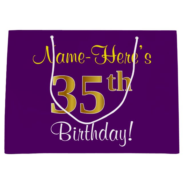 Bolsa De Regalo Grande Elegante, morado, oro falso 35 cumpleaños + nombre (Anverso)