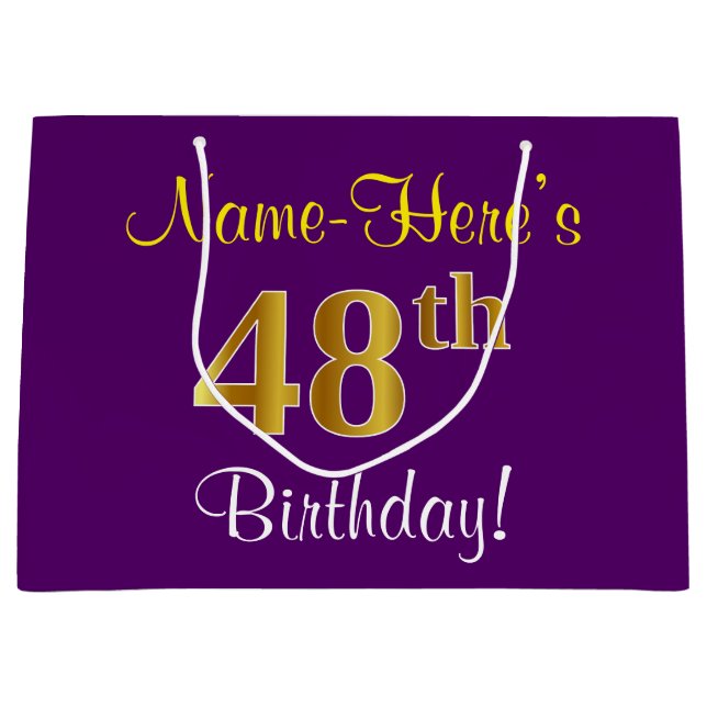 Bolsa De Regalo Grande Elegante, morado, oro falso 48 cumpleaños + nombre (Anverso)