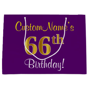 Bolsa De Regalo Grande Elegante, morado, oro falso 66 cumpleaños + nombre