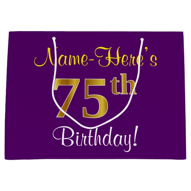 Bolsa De Regalo Grande Elegante, morado, oro falso 75 cumpleaños + nombre (Anverso)