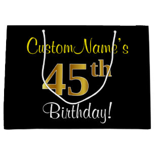 Bolsa De Regalo Grande Elegante, negro, falso oro 45 cumpleaños + nombre