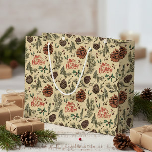 Bolsa De Regalo Grande Elegante Oro Feliz Navidad Piñas Acebo Baya