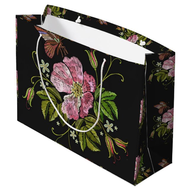 Bolsa De Regalo Grande Elegante patrón de bordado floral fondo negro (Angulo reverso)