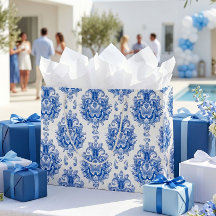 Elegante patrón de damasco mediterráneo azul y bla