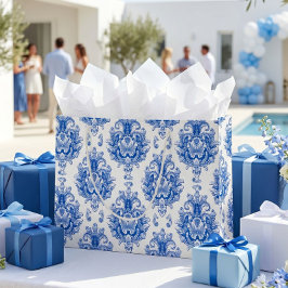 Bolsa De Regalo Grande Elegante patrón de damasco mediterráneo azul y bla