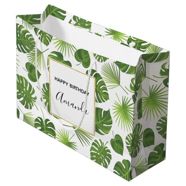 Bolsa De Regalo Grande Elegante patrón de hojas tropicales verdes (Angulo Anverso)