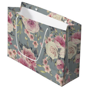 Bolsa De Regalo Grande Elegante patrón floral de rosas y flores rosadas
