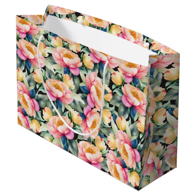 Bolsa De Regalo Grande Elegante Peony acuarela sobre negro (Angulo reverso)