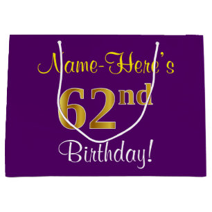 Bolsa De Regalo Grande Elegante, Púrpura, Faux Gold 62 cumpleaños + Nom