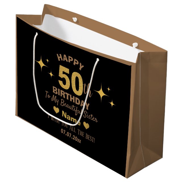 Bolsa De Regalo Grande Elegante Purpurina Negro y Oro Feliz 50 cumpleaños (Angulo Anverso)
