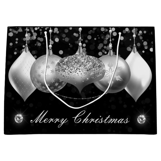 Bolsa De Regalo Grande Elegante Purpurina plateado Baubles Feliz Navidad (Anverso)