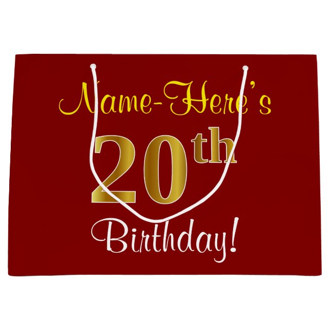 Bolsa De Regalo Grande Elegante, rojo, falso oro 20 cumpleaños; nombre pe (Anverso)