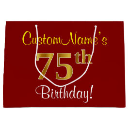 Bolsa De Regalo Grande Elegante, rojo, falso oro 75 cumpleaños; nombre pe