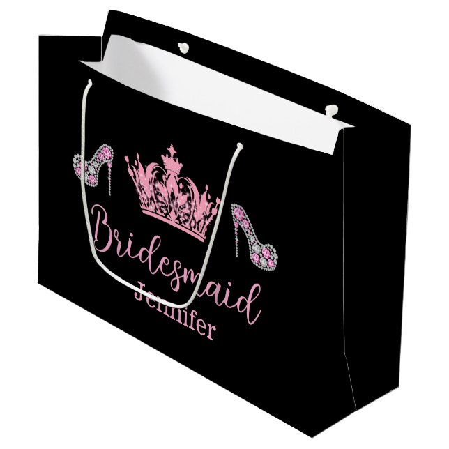 Bolsa De Regalo Grande elegante rosa script damas de honor negro (Angulo Anverso)
