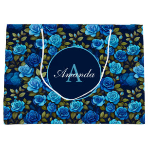 Bolsa De Regalo Grande Elegante Rosas azules Patrón floral Monogramado Fo