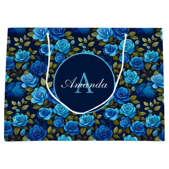 Bolsa De Regalo Grande Elegante Rosas azules Patrón floral Monogramado Fo (Anverso)