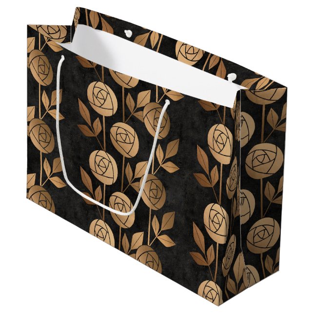 Bolsa De Regalo Grande Elegante Rosas de Art Deco de Oro Negro (Angulo Anverso)