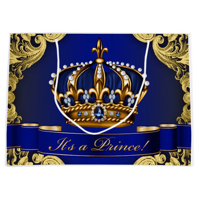 Bolsa De Regalo Grande Elegante Royal Blue y Gold Prince Baby Shower (Anverso)