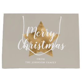 Bolsa De Regalo Grande Elegante Taupe Gold Star Feliz Navidad