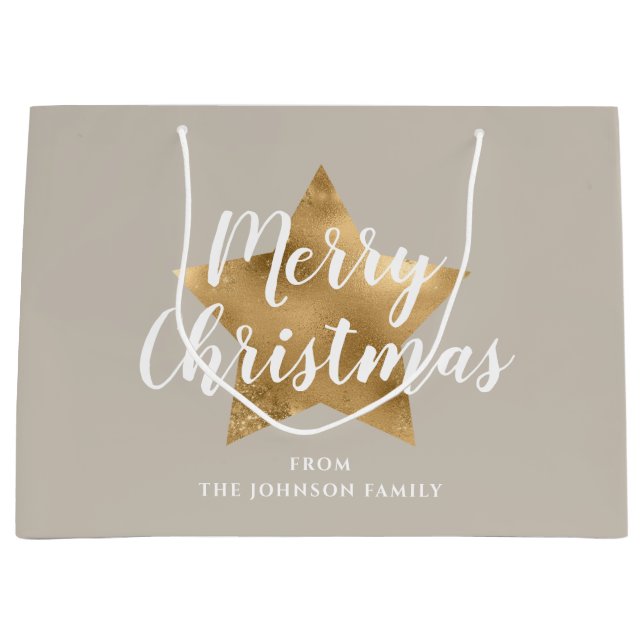 Bolsa De Regalo Grande Elegante Taupe Gold Star Feliz Navidad (Anverso)