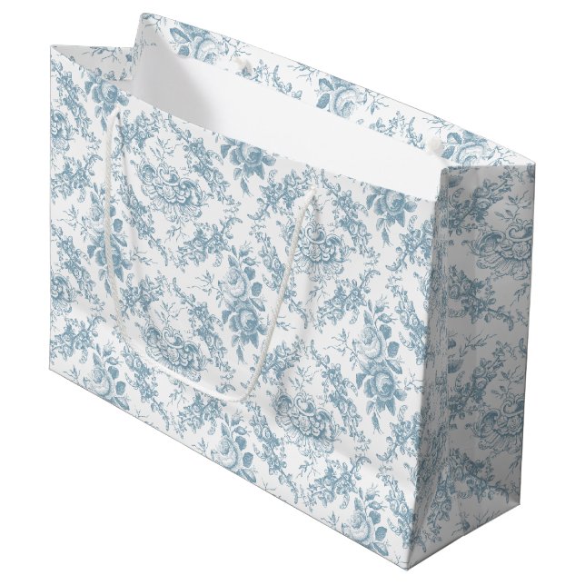 Bolsa De Regalo Grande Elegante tela floral azul y blanca grabada (Angulo Anverso)
