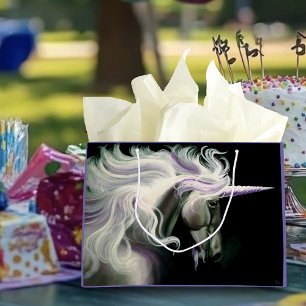Bolsa De Regalo Grande Elegante Unicornio Blanco Melena Fluyente Fantasía