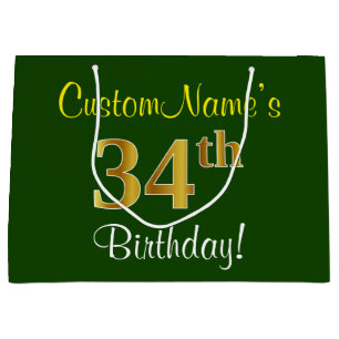 Bolsa De Regalo Grande Elegante, verde, falso oro 34 cumpleaños + nombre