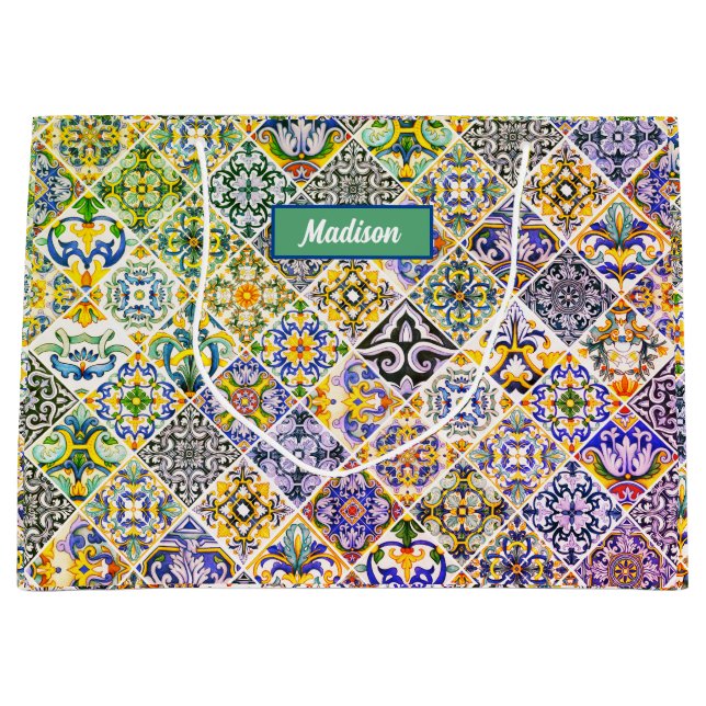 Bolsa De Regalo Grande Elegantes azulejos verdes sicilianos mediterráneos (Anverso)