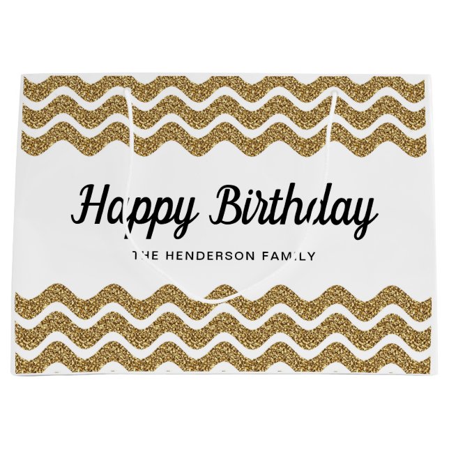 Bolsa De Regalo Grande Elegantes bandas de oro Feliz cumpleaños (Anverso)