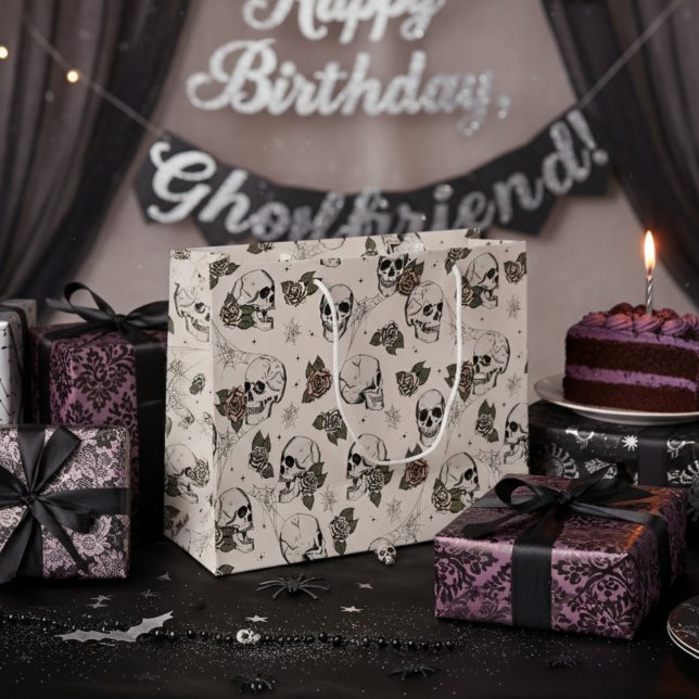 Bolsa De Regalo Grande Elegantes cráneos góticos y Rosas Halloween (Elegant Skull and Roses Gothic Halloween Gift Bags for Her. Gothic Chic Style. Floral Skulls Pattern)