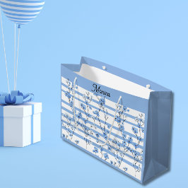 Bolsa De Regalo Grande Elegantes flores azules diseño de rayas
