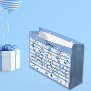 Bolsa De Regalo Grande Elegantes flores azules diseño de rayas