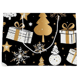 Bolsa De Regalo Grande Elegantes Navidades Black Gold White Line Art