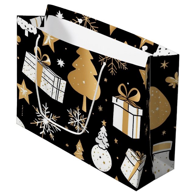 Bolsa De Regalo Grande Elegantes Navidades Black Gold White Line Art (Angulo Anverso)