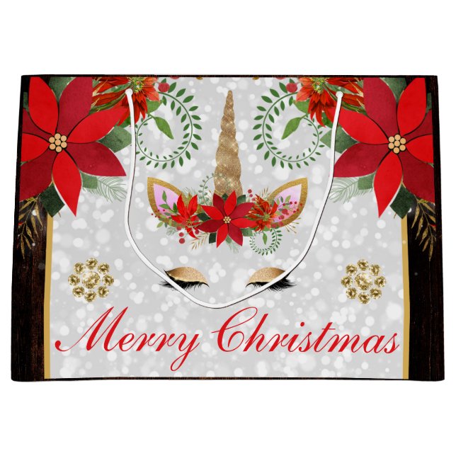 Bolsa De Regalo Grande Elegantes Navidades de Poinsettia Unicorn (Anverso)