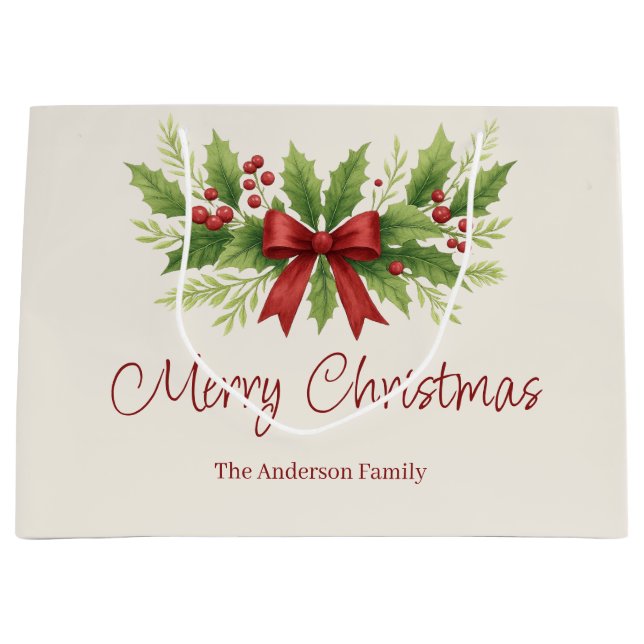 Bolsa De Regalo Grande Elegantes Navidades Holly y Red Bow - (Anverso)