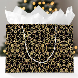 Bolsa De Regalo Grande Elegantes Navidades Snowflake Faux Gold Black