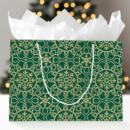 Bolsa De Regalo Grande Elegantes Navidades Snowflake Faux Gold Green